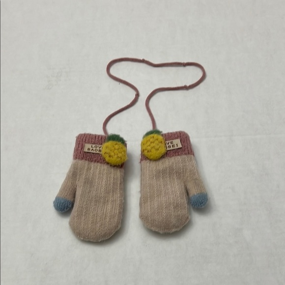 Cozy Beige and Blue Kids Mittens with Pom-Poms - Picture 1 of 3